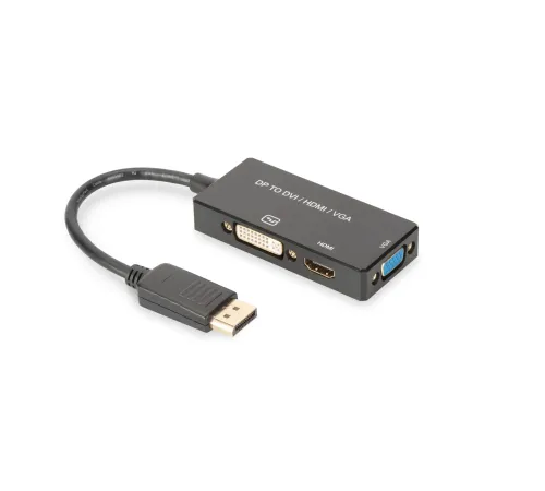 DisplayPort (DP) Çeviricisi/3 in 1 Multi-Media Kablosu<br>
Kablolu, 0.20 metre<br>
DP Erkek <-> HDMI Dişi + DVI Dişi + VGA Dişi<br>
Siyah renk, altın kaplama