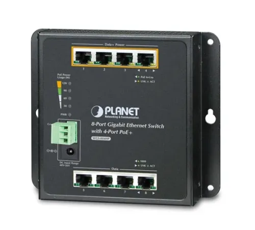 Duvar Tip Yönetilemeyen PoE+ Switch<br>
8-Port 10/100/1000Base-T (Port-1 ile Port-4 arası IEEE 802.3at/af PoE+ Injector) (Port başına 30.8 watt) (PoE Güç Bütçesi maks. 120 Watt)<br>
IP30, -10~60 Derece C<br>
IP30 8-Port Gigabit Wall-moun