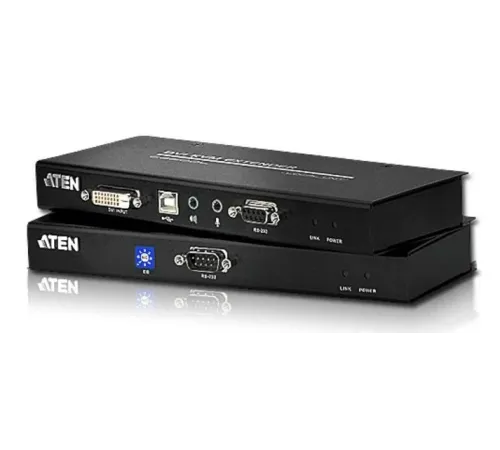 DVI Cat 5 KVM (Keyboard/Video Monitor/Mouse) Mesafe Uzatma Cihazı, Ses (hoparlör ve mikrofon) bağlantı desteği, 60 metre, USB Konsol, ESD ve gerilimdeki ani yükselmelere karşı korumalı<br>
USB DVI Cat 5 KVM Extender (1024 x 768@60m)