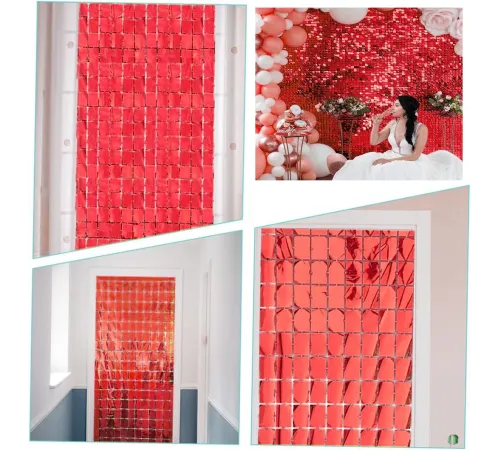 Ekstra Metalize Kırmızı Renk Disko Dikdörtgen Kesim Kapı Perdesi Dekorasyon 1x2 Metre