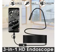 Endoskop 3 in 1 Yılan Kamera USB Micro Usb Type-C 5M Sert Kablo