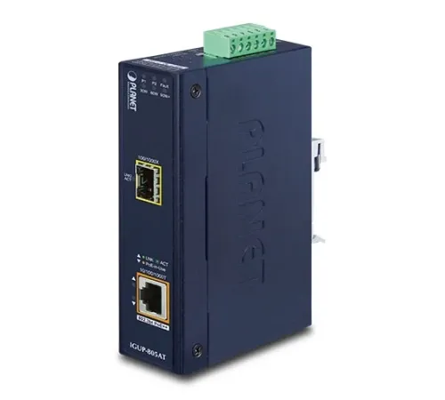 Endüstriyel 1-Port 100/1000X SFP <-> 1-Port 10/100/1000T 802.3bt PoE++ Media Converter<br>
Industrial 1-Port 100/1000X SFP to 1-Port 10/100/1000T 802.3bt PoE++ Media Converter