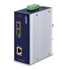 Endüstriyel 2-Port 100/1000X SFP <-> 1-Port 10/100/1000T 802.3bt PoE++ Media Converter<br>
Industrial 2-Port 100/1000X SFP to 1-Port 10/100/1000T 802.3bt PoE++ Media Converter