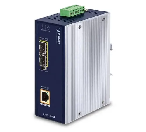 Endüstriyel 2-Port 100/1000X SFP <-> 1-Port 10/100/1000T 802.3bt PoE++ Media Converter<br>
Industrial 2-Port 100/1000X SFP to 1-Port 10/100/1000T 802.3bt PoE++ Media Converter