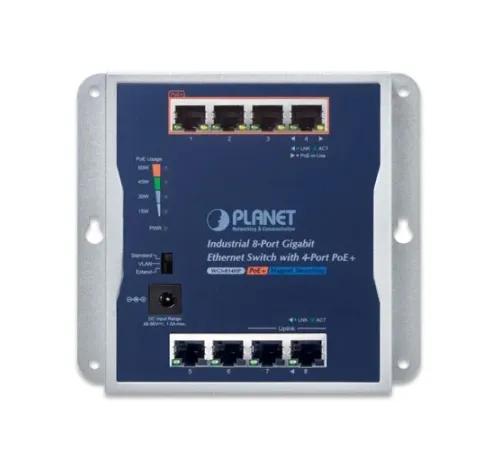 Endüstriyel Duvar Tip Yönetilemeyen PoE+ Switch (Industrial Unmanaged Wall-mounted PoE+ Switch)<br>
8-Port 10/100/1000BASE-T <br>
4-port IEEE 802.3at PoE+ Injector (Port-1 ila Port-4 arası) (Port başına 30.8 watt) (PoE Güç Bütçesi maks. 60 wat