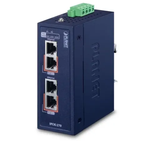 Endüstriyel Injector Hub (Industrial 2-port Multi-Gigabit 802.3bt PoE++ Injector Hub)<br>
2 x 10/100/1G/2.5G/5GBase-T (Data giriş port 1 ve PoE çıkış port 1, Data giriş port 2 ve PoE çıkış port 2)<br>
DC Yedek Güç Girişi: 48~56V DC<br>
I