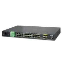 Endüstriyel Tip L2+ Yönetilebilir Ethernet Switch (Industrial L2+ Managed Ethernet Switch)<br>
24-Port 10/100/1000T<br>
4 x 1000BASE-SX/LX/BX SFP/mini-GBIC yuva (Combo Port-21 ile Port-24 arası), 100Base-FX SFP uyumlu<br>
IP30, -40~75 De