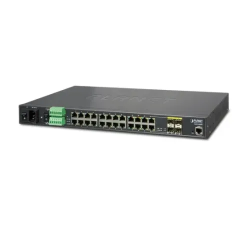Endüstriyel Tip L2+ Yönetilebilir Ethernet Switch (Industrial L2+ Managed Ethernet Switch)<br>
24-Port 10/100/1000T<br>
4 x 1000BASE-SX/LX/BX SFP/mini-GBIC yuva (Combo Port-21 ile Port-24 arası), 100Base-FX SFP uyumlu<br>
IP30, -40~75 De