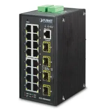 Endüstriyel Tip L2+ Yönetilebilir Switch (Industrial L2+ Managed Switch)<br>
16-Port 10/100/1000T<br>
4 x 1000BASE-SX/LX/BX SFP/mini-GBIC yuva (Port-17 ile Port-20 arası), 100Base-FX SFP uyumlu<br>
IP30, -40~75 Derece C<br>
1 x Kon