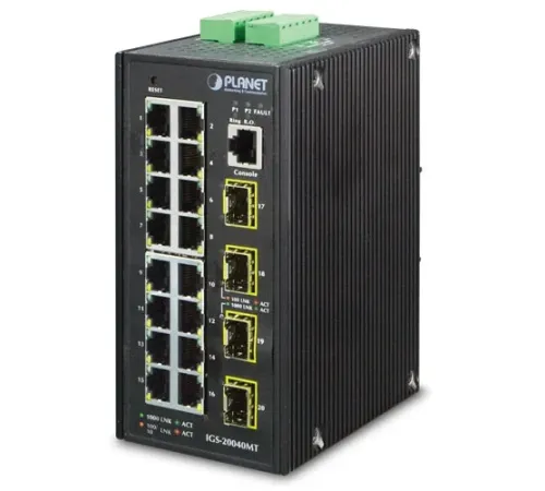 Endüstriyel Tip L2+ Yönetilebilir Switch (Industrial L2+ Managed Switch)<br>
16-Port 10/100/1000T<br>
4 x 1000BASE-SX/LX/BX SFP/mini-GBIC yuva (Port-17 ile Port-20 arası), 100Base-FX SFP uyumlu<br>
IP30, -40~75 Derece C<br>
1 x Kon