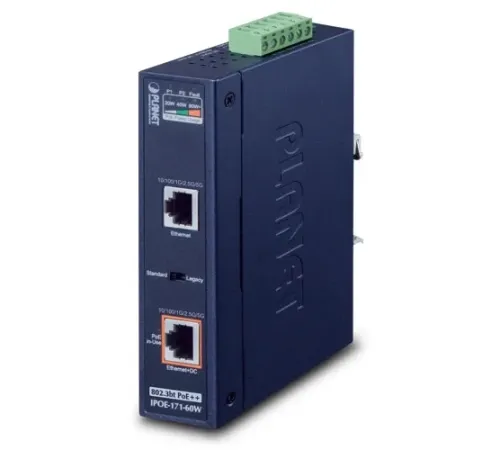 Endüstriyel Tip Tek Port Multi-Gigabit 802.3bt PoE++ Injector (95 Watt, -40~75 derece C, 12~48V DC)<br>
Industrial Single-Port Multi-Gigabit 802.3bt PoE++ Injector (95 Watts, -40~75 degrees C, 12~48V DC)