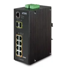 Endüstriyel Tip Yönetilebilir Ethernet Switch (Industrial Managed Ethernet Switch)<br>
8-Port 10/100/1000Base-TX 802.3at/af PoE+ Injector (Port başına 30.8 watt) (PoE Güç Bütçesi maks. 270 watt)<br>
2-Port 1000Base-SX/LX/BX  SFP/mini-GBIC yuva
