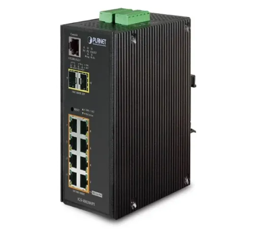 Endüstriyel Tip Yönetilebilir Ethernet Switch (Industrial Managed Ethernet Switch)<br>
8-Port 10/100/1000Base-TX 802.3at/af PoE+ Injector (Port başına 30.8 watt) (PoE Güç Bütçesi maks. 270 watt)<br>
2-Port 1000Base-SX/LX/BX  SFP/mini-GBIC yuva
