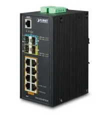 Endüstriyel Tip Yönetilebilir Ethernet Switch (Industrial Managed Ethernet Switch)<br>
Basic L3<br>
8-Port 10/100/1000Base-T RJ45 with IEEE 802.3at/af PoE+ Injector (Port başına 30.8 watt) (PoE Güç Bütçesi maks. 240 watt)<br>
2 x 1000BAS