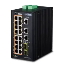 Endüstriyel Tip Yönetilebilir Ethernet Switch (Industrial Managed Ethernet Switch)<br>
16-Port 10/100/1000Base-TX IEEE 802.3at/af PoE+ Injector (Port başına 30.8 watt) (PoE Güç Bütçesi maks. 320 watt)<br>
2-Port 10/100/1000Base-TX RJ-45<br&