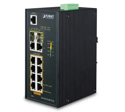 Endüstriyel Tip Yönetilebilir Ethernet Switch (Industrial Managed Ethernet Switch)<br>
8-Port 10/100/1000Base-TX 802.3at/af PoE+ Injector (Port başına 30.8 watt) (PoE Güç Bütçesi maks. 240 watt) (Port-1 ve Port-8 arası)<br>
2-Port 10/100/1000T