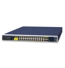 Endüstriyel Tip Yönetilebilir Ethernet Switch (Industrial Managed Ethernet Switch)<br>
L3<br>
24-Port 10/100/1000T 802.3at/af PoE+ (Port başına 36 watt) (PoE Güç Bütçesi maks. 440 watt)<br>
4-Port Paylaşımlı 100/1000X SFP yuva (Port-21 i