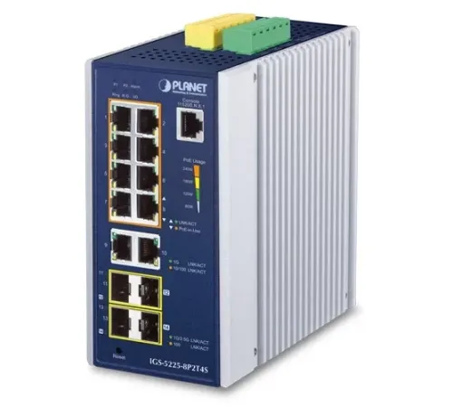 Endüstriyel Tip Yönetilebilir Gigabit PoE Switch (Industrial Managed Gigabit PoE Switch)<br>
Basic L3<br>
8 x 10/100/1000T 802.3at PoE+ Injector (Port-1 ile Port-8 arası) (Port başına 36 watt) (PoE Güç Bütçesi maks. 240 watt)<br>
2 x 10/