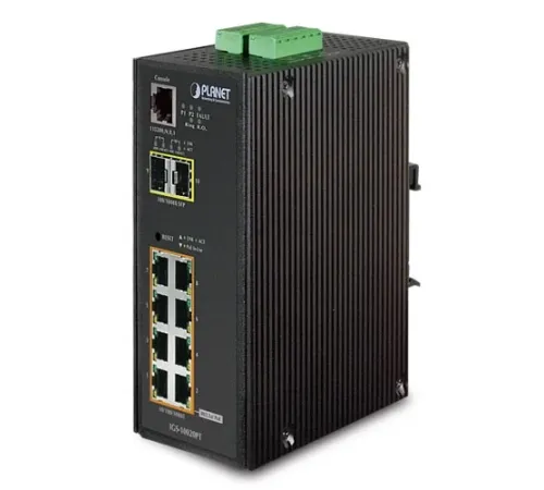Endüstriyel Tip Yönetilebilir Switch (Industrial Managed Switch)<br>
8-Port 10/100/1000Base-TX IEEE 802.3at/af PoE Injector (Port başına 36 watt) (PoE Güç Bütçesi maks. 240 watt)<br>
2-Port 1000BASE-SX/LX/BX SFP/mini-GBIC yuva (Port-9 ve Port-