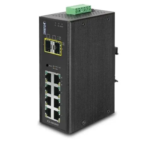 Endüstriyel Tip Yönetilebilir Switch (Industrial Managed Switch)<br>
8-Port 10/100/1000Base-T<br>  
2 x 1000BASE-SX/LX/BX SFP/mini-GBIC yuva (Port-9 ve Port-10), 100Base-FX SFP uyumlu<br>
IP30, -40~75 Derece C