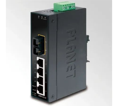 Endüstriyel Tip Yönetilemeyen Ethernet Switch (Industrial Unmanaged Ethernet Switch)<br>
4-Port 10/100Base-TX<br>
1-Port 100Base-FX Single-mode SC 15 km<br>
IP30, -40~75 Derece C