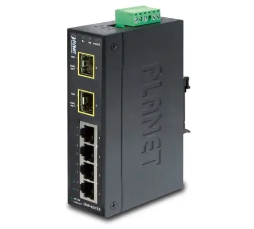 Endüstriyel Tip Yönetilemeyen Ethernet Switch (Industrial Unmanaged Ethernet Switch)<br>
4-Port 10/100Base-TX<br>
2-Port 100Base-FX SFP yuva<br>
IP30, -40~75 Derece C