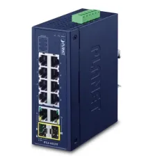 Endüstriyel Tip Yönetilemeyen Ethernet Switch (Industrial Unmanaged Ethernet Switch)<br>
8 x 10/100BASE-TX port (Port 1-8)<br>
2 x 10/100/1000BASE-T port (Port 9-10)<br>
2 x 1000BASE-SX/LX/BX SFP yuvası (Port 9-10 ile paylaşımlı)<br&g