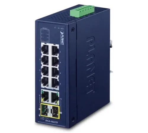 Endüstriyel Tip Yönetilemeyen Ethernet Switch (Industrial Unmanaged Ethernet Switch)<br>
8 x 10/100BASE-TX port (Port 1-8)<br>
2 x 10/100/1000BASE-T port (Port 9-10)<br>
2 x 1000BASE-SX/LX/BX SFP yuvası (Port 9-10 ile paylaşımlı)<br&a