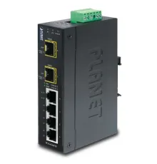 Endüstriyel Tip Yönetilemeyen Ethernet Switch (Industrial Unmanaged Ethernet Switch)<br>
4 x 10/100/1000Base-T<br>
2 x 1000BASE-SX/LX/BX SFP/mini-GBIC yuva (Port-5 ve Port-6), 100Base-FX SFP uyumlu<br>
IP30, -40~75 Derece C