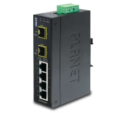 Endüstriyel Tip Yönetilemeyen Ethernet Switch (Industrial Unmanaged Ethernet Switch)<br>
4 x 10/100/1000Base-T<br>
2 x 1000BASE-SX/LX/BX SFP/mini-GBIC yuva (Port-5 ve Port-6), 100Base-FX SFP uyumlu<br>
IP30, -40~75 Derece C