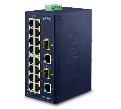 Endüstriyel Tip Yönetilemeyen Ethernet Switch (Industrial Unmanaged Ethernet Switch<br>
16-Port 10/100TX<br>
2-Port Gigabit TP/SFP Combo<br>
-40~75 derece