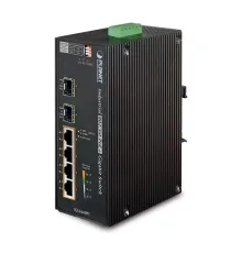 Endüstriyel Tip Yönetilemeyen PoE+ Switch (Industrial Unmanaged PoE+ Switch)<br>
4-Port 10/100/1000Base-TX IEEE 802.3at/af PoE+ Injector (Port başına 30.8 watt) (PoE Güç Bütçesi maks. 120 watt)<br>
2-Port 1000Base-SX/LX ve 100Base-FX SFP yuva&