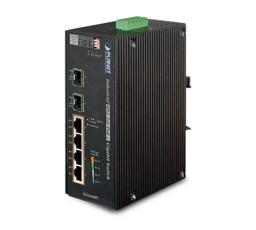 Endüstriyel Tip Yönetilemeyen PoE+ Switch (Industrial Unmanaged PoE+ Switch)<br>
4-Port 10/100/1000Base-TX IEEE 802.3at/af PoE+ Injector (Port başına 30.8 watt) (PoE Güç Bütçesi maks. 120 watt)<br>
2-Port 1000Base-SX/LX ve 100Base-FX SFP yuva&