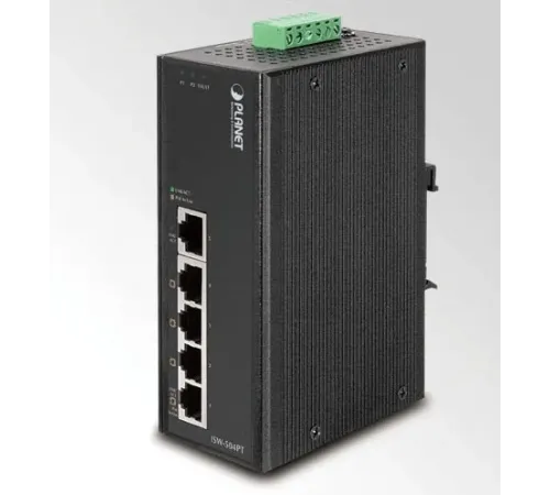 Endüstriyel Tip Yönetilemeyen PoE Switch (Industrial Unmanaged PoE Switch)<br>
5-Port 10/100Base-TX (Port-1 ila Port-5 arası)<br>
4-Port 10/100TX IEEE 802.3af/at PoE+ Injector (Port-1 ila Port-4 arası) (Standart mod: Port başına 36 watt) (Exte