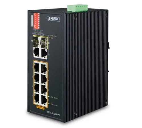 Endüstriyel Tip Yönetilemeyen PoE+ Switch (Industrial Unmanaged PoE+ Switch)<br>
8-Port 10/100TX IEEE 802.3at/af PoE+ Injector (Port başına 30.8 watt) (PoE Güç Bütçesi maks. 240 watt)<br>
2-Port 10/100/1000T<br>
2-Port 1000Base-SX/LX/BX