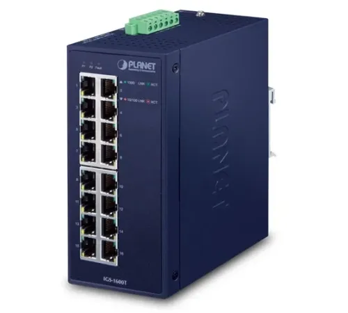 Endüstriyel Tip Yönetilemeyen Switch (Industrial Unmanaged Ethernet Switch)<br>
16-Port 10/100/1000T<br>
IP30, -40~75 Derece C