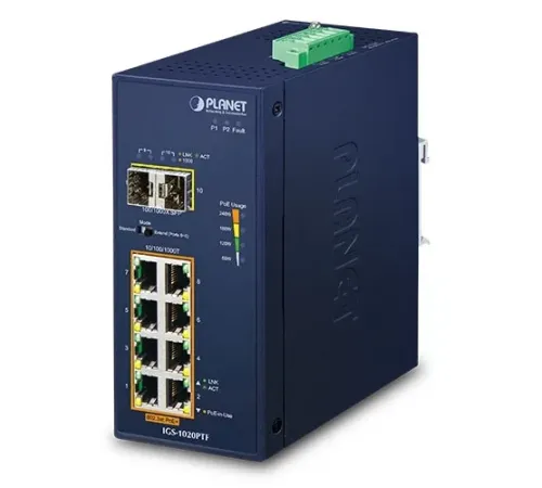 Endüstriyel Yönetilemeyen PoE+ Switch (Industrial Unmanaged PoE+ Switch)<br>
8-Port 10/100/1000T IEEE 802.3at/af PoE+ Injector Port (Port 1 ila Port 8 arası) (Port başına 30.8 watt) (PoE Güç Bütçesi maks. 240 Watt)<br>
2-Port 1000Base-SX/LX/BX