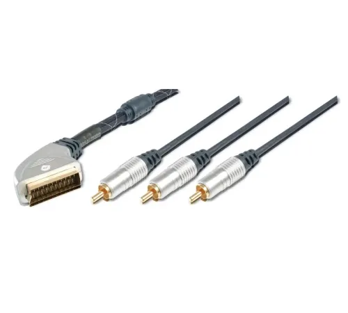 Ev Sinema Sistemleri İçin Yüksek Kaliteli Scart Kablosu, Scart 21 pin Erkek <=> 3 x RCA Erkek (1 x görüntü (video için) , 2 x ses (audio için), Ferrite Filtreli, 1.50 Metre