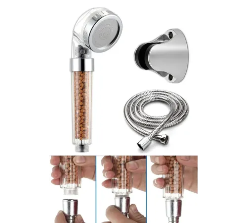 Filtreli Ve Su Tasarruflu Arıtmalı Duş Başlığı Seti Boncuklu Başlık Hortum Ve Mafsal Set
