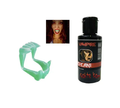 Fosforlu Çift Damak Takma Vampir Dişi ve 50 gr Tiyatro Kanı