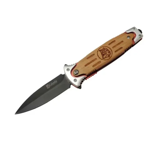 FS 11033 Kahverengi Kurtarma / Kamp Çakısı 20cm - Yarı , Kurt İşlemeli Ahşap Sap