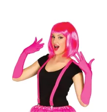 Fuşya Renk Saten Uzun Eldiven ve Küt Parti Peruğu