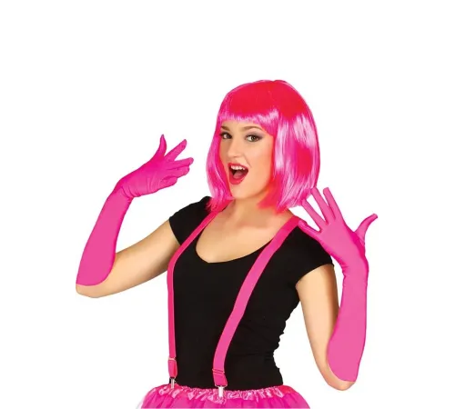 Fuşya Renk Saten Uzun Eldiven ve Küt Parti Peruğu