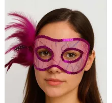 Fuşya Renk Yandan Tüylü Pul Payet İşlemeli Parti Maskesi 23x12 cm