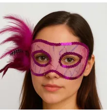 Fuşya Renk Yandan Tüylü Pul Payet İşlemeli Parti Maskesi 23x12 cm