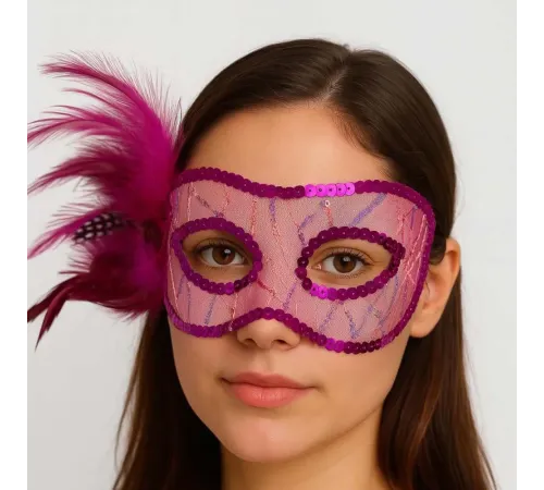Fuşya Renk Yandan Tüylü Pul Payet İşlemeli Parti Maskesi 23x12 cm
