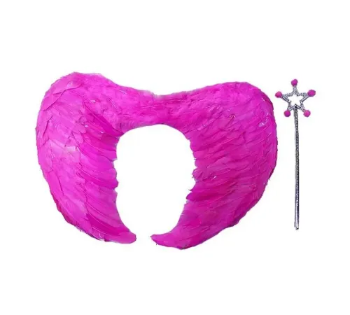 Gerçek Tüylü Katlanabilir Çocuk Pembe Melek Kanadı ve Asa Seti 40x55 cm
