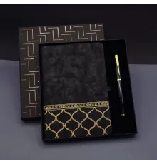Gold Desen Siyah Deri Defter Kalem Set