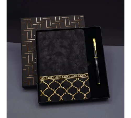 Gold Desen Siyah Deri Defter Kalem Set