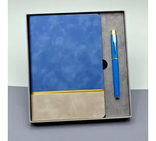 Gold Şeritli Mavi Defter Ve Kalem Seti